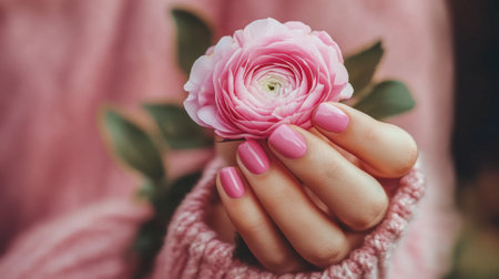 A beautiful hand showcases a pink flower, symbolizing elegance and femininity. The soft background and cozy sweater create a serene atmosphere.の素材