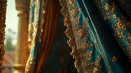 A stunning close-up of elegantly draped fabric showcasing intricate gold embroidery against a rich blue background, perfect for conveying luxury and culture.の素材