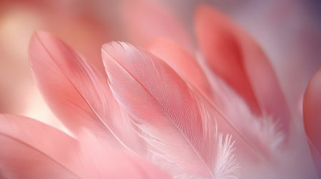 A closeup of soft pink feathers gently layered, creating a serene and tranquil atmosphere. Ideal for themes of beauty, elegance, and nature.の素材
