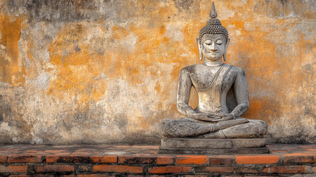 A tranquil Buddha statue sits peacefully against a textured wall, symbolizing serenity and meditation, perfect for themes of spirituality and culture.の素材
