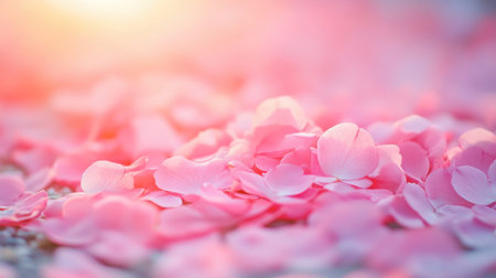 This image captures a soft layer of pink petals scattered on the ground, illuminated by warm sunlight, evoking feelings of tranquility and beauty in nature.の素材