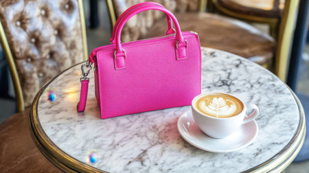 A vibrant pink handbag rests beside a latte art coffee on a marble table, showcasing a stylish and cozy cafe atmosphere perfect for fashion lovers.の素材