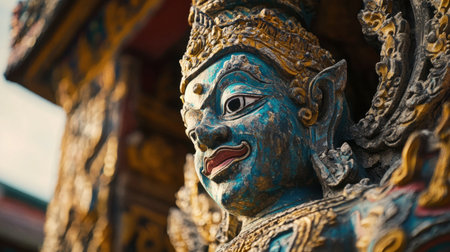 This close-up image showcases a vibrant statue of a decorative guardian figure, highlighting intricate details and colorful craftsmanship. A celebration of culture and history.の素材