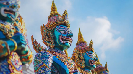 Stunning view of vibrant guardian statues at a Thai temple, showcasing intricate designs and cultural significance against a bright blue sky.の素材