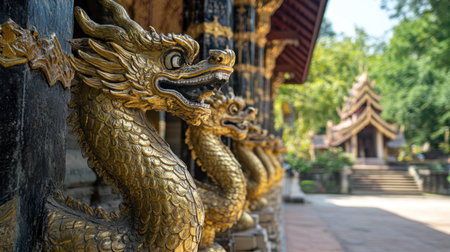 Stunning golden dragon sculptures guard the entrance of a temple, showcasing intricate artistry and cultural significance amidst a serene backdrop.の素材