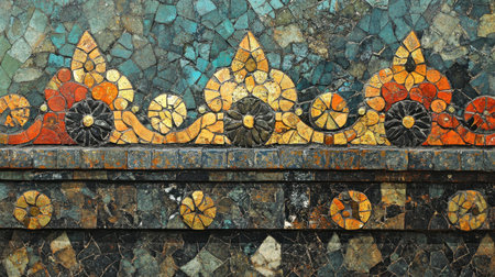 A stunning close-up of a vibrant mosaic pattern featuring earthy tones and intricate designs. This artistic creation showcases craftsmanship and cultural beauty.の素材