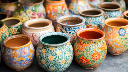 A vibrant collection of handcrafted ceramic pots featuring intricate floral designs. Perfect for home decor, these unique pieces showcase artisan craftsmanship.の素材