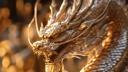 A stunning golden dragon sculpture showcasing intricate details and a fierce expression. Perfect for themes of mythology, fantasy, and artistry.の素材