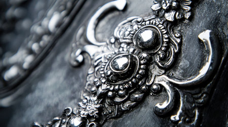 Close-up view of an ornate silver design showcasing intricate details and textures, perfect for decorative arts, vintage crafts, and artistic elegance.の素材