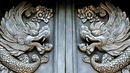 This stunning dragon relief sculpture features intricate details and artistry, perfect for those interested in cultural heritage and traditional architecture.の素材
