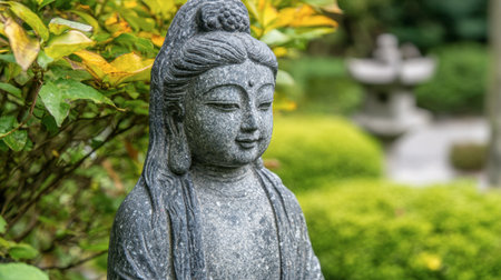 A serene Buddha statue stands amidst lush greenery, embodying tranquility and peace. This stone sculpture enhances garden aesthetics while inviting meditation.の素材