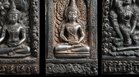 Explore stunning ancient stone carvings featuring meditating figures, showcasing intricate craftsmanship and rich cultural heritage in a serene and spiritual context.の素材