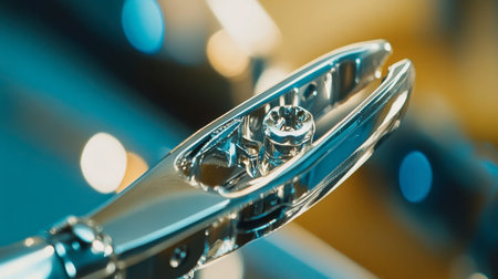 This close-up image showcases a shiny metallic tool with intricate details and reflections, illustrating precision and craftsmanship in a work environment.の素材