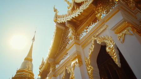 Captivating view of a golden temple in Thailand, showcasing intricate architectural details against a clear blue sky, radiating beauty and spirituality.の素材