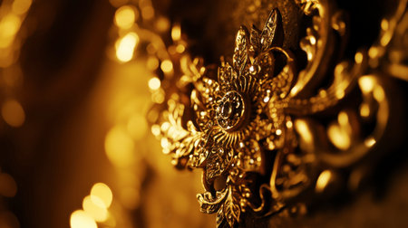 A stunning close-up of an intricate golden ornament featuring sparkling details. This luxurious decoration exudes elegance and opulence, perfect for art and design projects.の素材