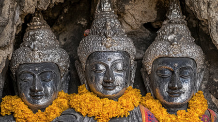 Three serene Buddha statues adorned with vibrant flowers, nestled in a rock setting. This image captures the essence of peace and spirituality in nature.の素材