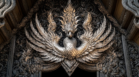 A stunning close-up of an intricate carving depicting a mythical creature, showcasing detailed craftsmanship and ornate design typical of traditional architecture.の素材