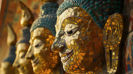 Beautiful Buddha statues adorned with intricate golden mosaics, capturing the essence of serenity and spirituality in a tranquil outdoor setting.の素材