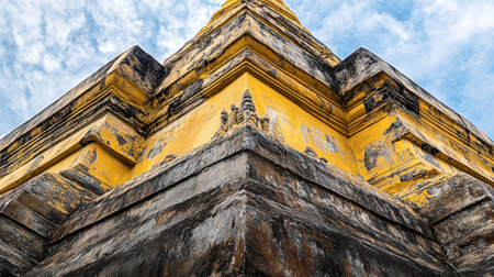 A stunning view of a majestic ancient temple featuring intricate stone details and a vibrant yellow hue, set against a picturesque cloudy sky.の素材