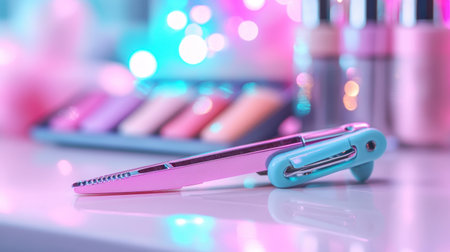 A vibrant and artistic arrangement of colorful makeup accessories on a stylish table. The soft bokeh background enhances the playful and cheerful atmosphere.の素材