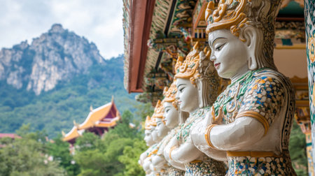 A stunning view of serene statues at a mountain temple, showcasing intricate details and vibrant colors against a backdrop of natural beauty.の素材