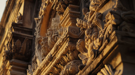 A close-up view of intricate stone carvings showcasing detailed artistry on a historic building facade illuminated by warm sunlight.の素材