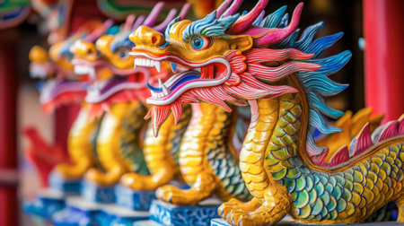 Vibrant dragon statues adorn a temple, showcasing intricate details and bright colors, symbolizing protection and strength within Asian culture.の素材