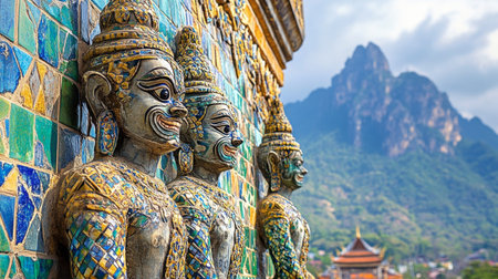 Stunning ancient statues adorned with intricate carvings set against a majestic mountain backdrop, capturing the beauty of tradition and spirituality in nature.の素材