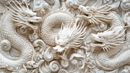 Explore this stunning relief sculpture featuring dragons and a phoenix, showcasing intricate details and rich cultural symbolism in a breathtaking design.の素材