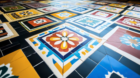 A vibrant collection of colorful mosaic tiles showcasing intricate patterns and textures, perfect for enhancing interior spaces and adding artistic flair.の素材