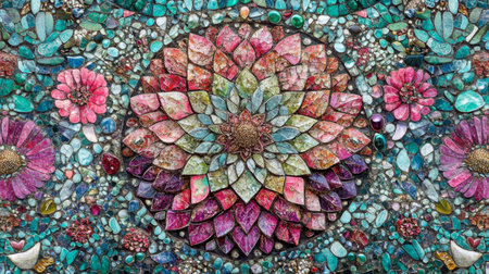 This stunning floral mosaic showcases intricate patterns and vibrant colors, perfect for enhancing any decorative space or creative project.の素材
