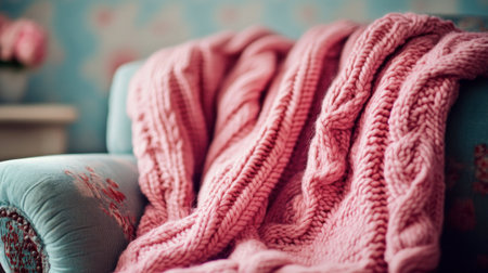 A cozy pink knitted blanket drapes over a vintage sofa, creating an inviting atmosphere perfect for relaxation. Ideal for home decor inspiration.の素材