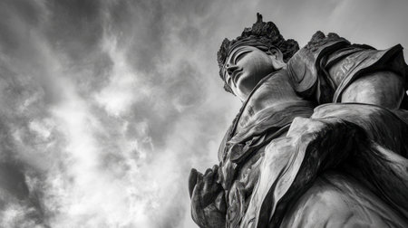 A striking black and white image of a Buddha statue, radiating peace and tranquility. The dramatic sky adds depth, creating a serene atmosphere.の素材