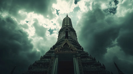 A striking view of a majestic temple rising against a dark, stormy sky. This captivating scene captures the power of nature and architectural beauty.の素材
