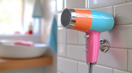 This vibrant hair dryer showcases a playful design with bright colors, perfectly suited for a stylish bathroom setting, ideal for beauty and personal care.の素材