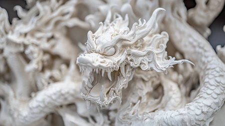This stunning white dragon sculpture showcases intricate details and fierce expression, perfect for art enthusiasts or decorative collections.の素材