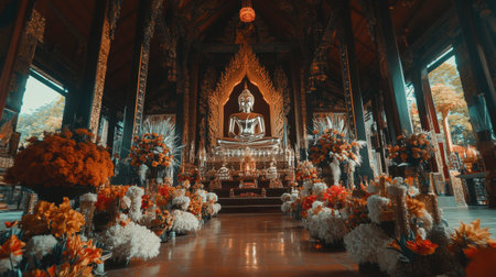 Discover the tranquil beauty of a Buddha temple adorned with colorful flowers. This serene interior invites spirituality and reflection, showcasing intricate architecture.の素材