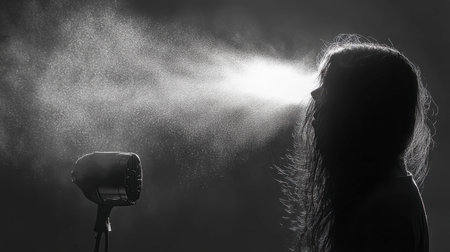 Ethereal black and white portrait of a woman with flowing hair, mist sprays from a fan, creating a mystical atmosphere and dramatic light contrast.の素材