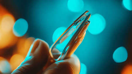 A close-up of a surgical instrument held in a gloved hand, set against a vibrant, colorful background. This image illustrates precision and professionalism essential in medical procedures.の素材