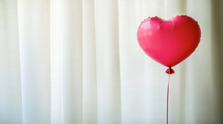 A vibrant pink heart balloon floats gracefully against a light fabric background, evoking feelings of love and joy. Perfect for celebration themes.の素材