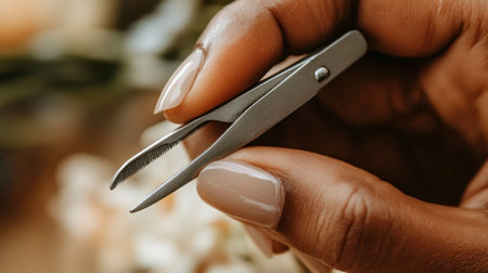 A close-up view of a hand holding silver tweezers, perfect for beauty routines. The floral background enhances the elegance and precision of personal care tools.の素材