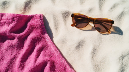 A pair of stylish sunglasses rests on a vibrant pink towel, set against a backdrop of soft sand, evoking a perfect summer day by the beach.の素材