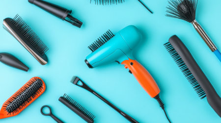 A vibrant arrangement of various hair styling tools on a blue background, showcasing equipment like combs, brushes, and dryers perfect for beauty and grooming projects.の素材