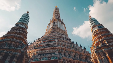 Stunning view of a tall temple with intricate designs reaching towards the sky. Ideal for travel and architecture themes, showcasing cultural beauty.の素材