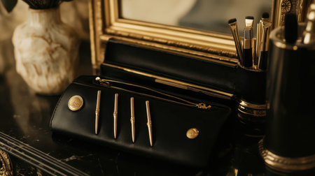 This elegant black pencil case with golden pens showcases a stylish workspace. Ideal for organizing stationery while adding a touch of luxury to any setting.の素材
