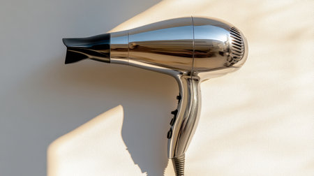 A sleek silver hair dryer is positioned against a neutral background, highlighting its modern design and functionality, perfect for beauty and styling.の素材