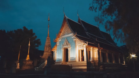 Discover the tranquil beauty of a traditional Thai temple illuminated at night, showcasing its stunning architecture against a serene backdrop.の素材