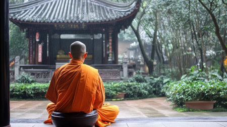 A monk in an orange robe sits peacefully in a lush garden, meditating amidst gentle rain. This serene scene captures tranquility and spiritual reflection.の素材