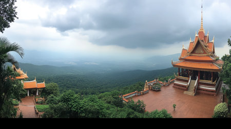 Stunning panoramic view of a temple surrounded by lush green mountains under a dramatic sky. A serene landscape ideal for travel and contemplation.の素材