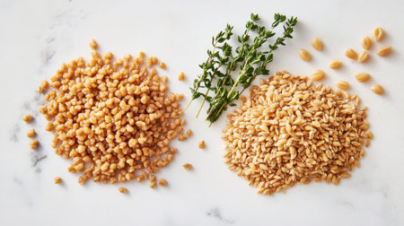 Delight in this vibrant display of organic farro grains paired with fresh thyme. Perfect for healthy recipes, this image captures the essence of wholesome cooking.の素材